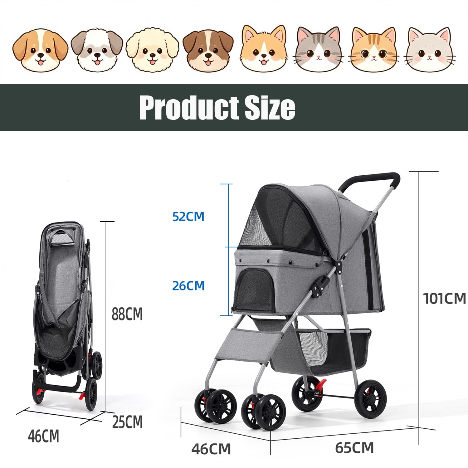 Hundewagen Hundebuggy faltbar Haustier Kinderwagen mit verstellbarem Sonnendach, Polster & Korb, Räder mit Bremse Getränkehaltern Speiseteller Katze & Kleintiere,Schwarz