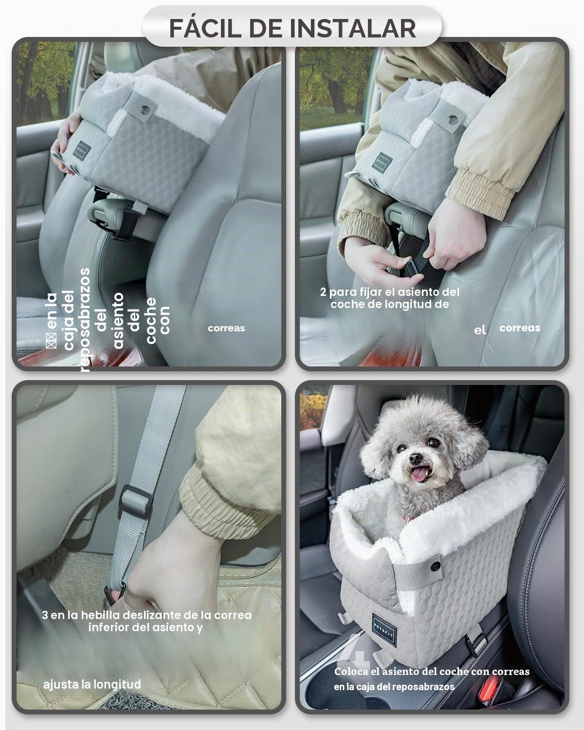 Petsfit Asiento de Perro de Consola de Centro de Coche para Perros Pequeños Gatos, Silla de Coche para Perro con Cinturones de Seguridad Mejorados, Lavable para Perros Pequeños de hasta 5KG