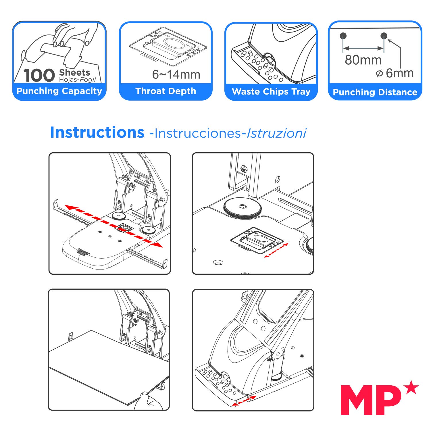 MP - Perforadora Papel 100 Hojas de Gran Capacidad, Taladradora Papel 2 Agujeros Puede Controlar el Tamaño de los Agujeros y Regleta de Tope para Ajustar el Papel, Asa con Cierre