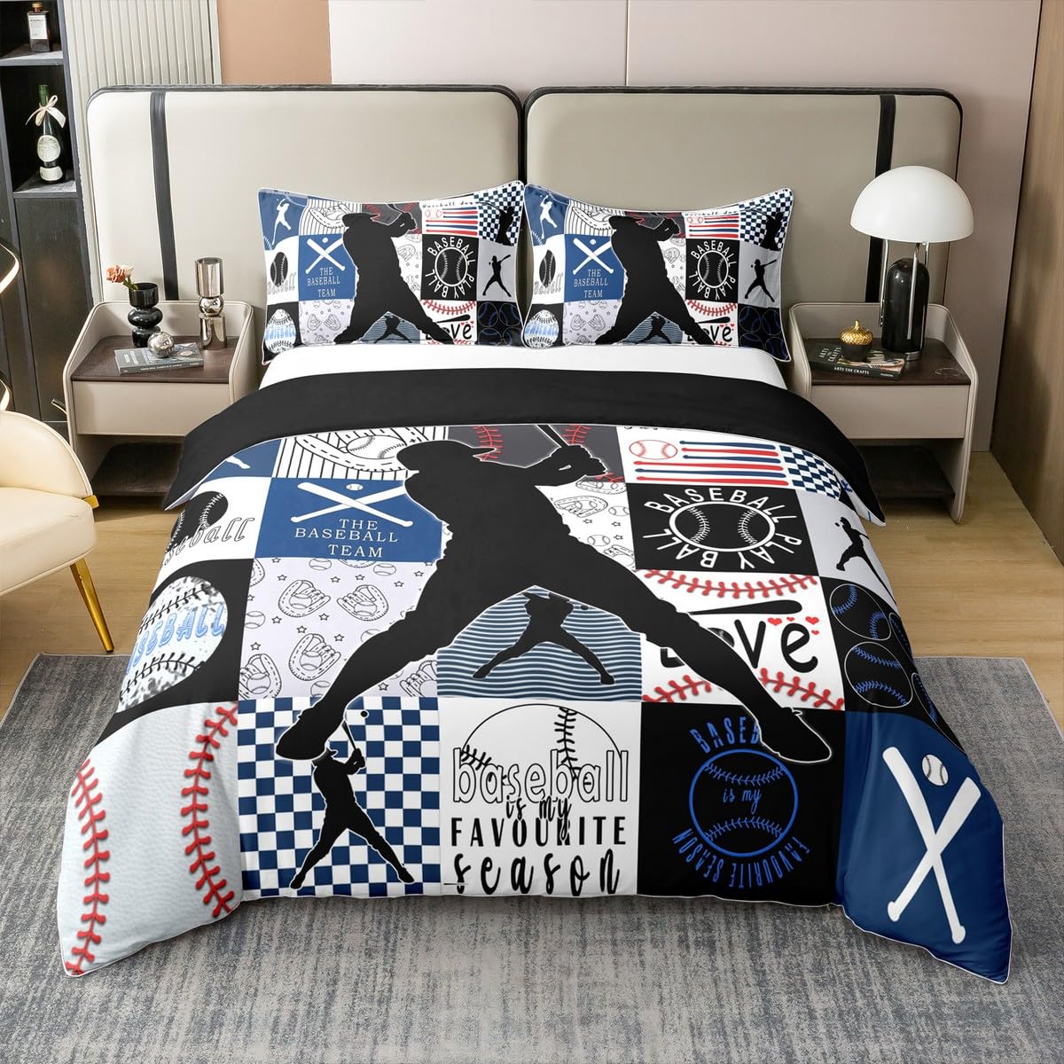 Parure de lit patchwork baseball européen en coton bleu et noir 220x240