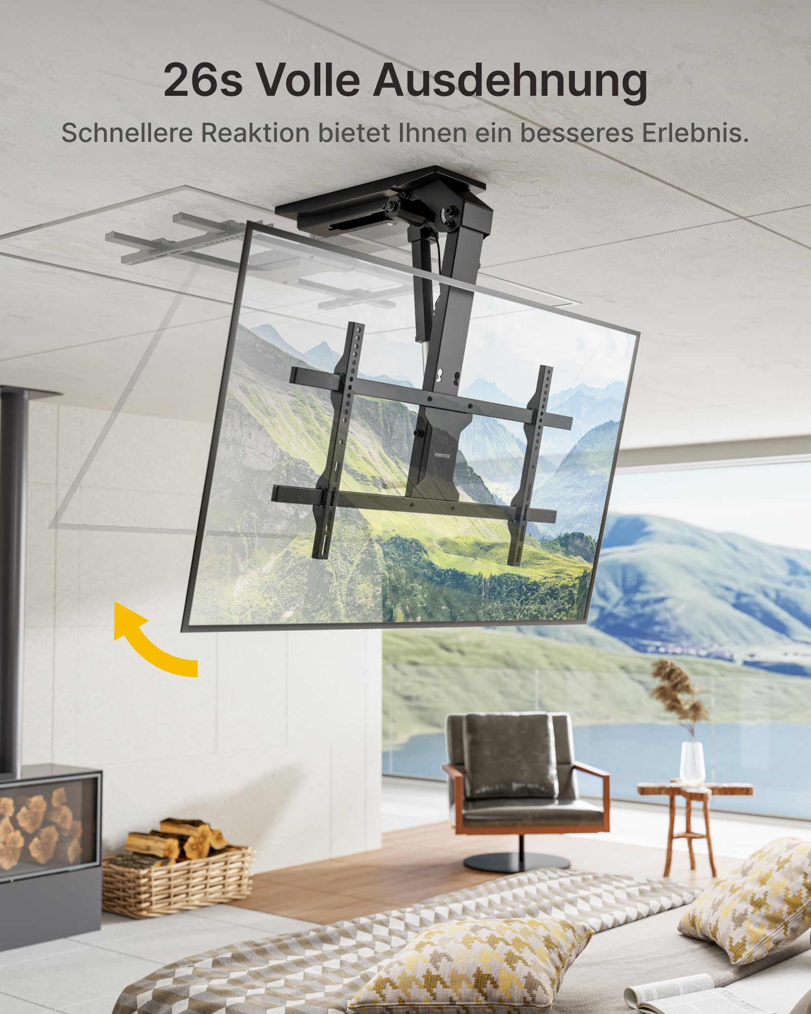 monTEK TV Deckenhalterung Elektrisch für 43-86 Zoll Fernseher, Elektrische TV Halterung Motorisiert Absenkbar für Flache & Geneigte Decken, Bis zu 45 kg Tragkraft, Fernbedienung/App/Sprachsteuerung