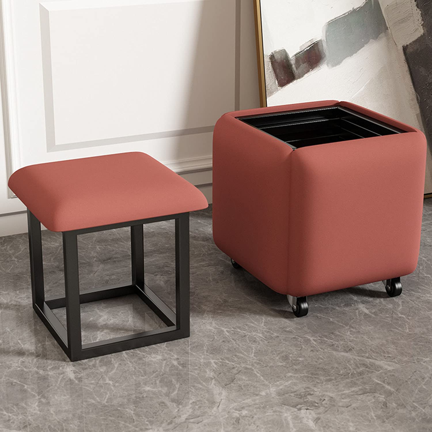 CHWU Square Ottoman Footrest, Faux Leather 5 in 1 Vanity Stool, Household Combination Compact Padded Seat, Metal Frame with Casters