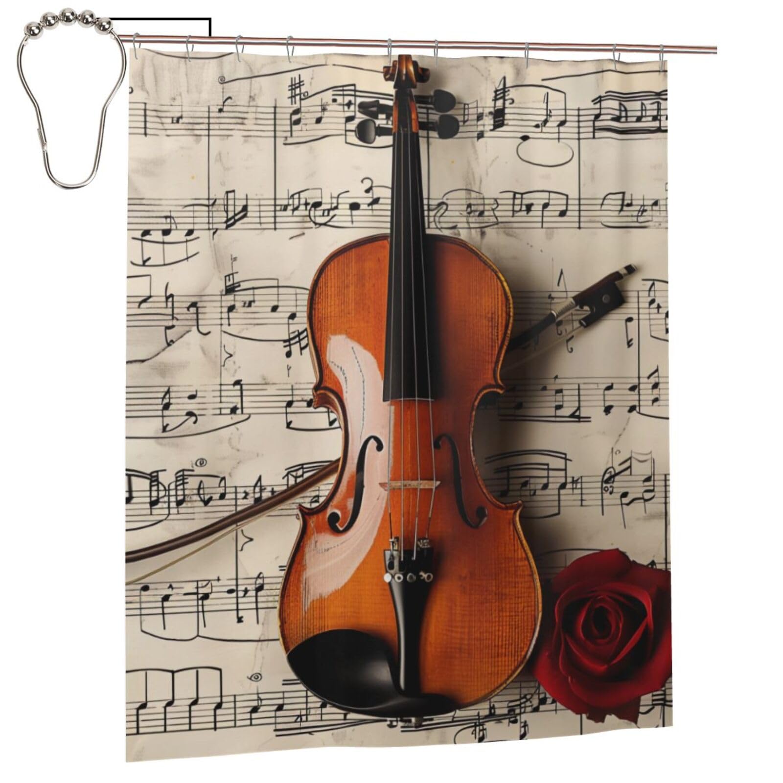 BWWHCCTI Violin Sheet Music Printed Shower Curtain With 12 Iron Hooks Opaque Quick Drying Waterproof Shower Curtains Sets For Bathroom 152x183 Cm