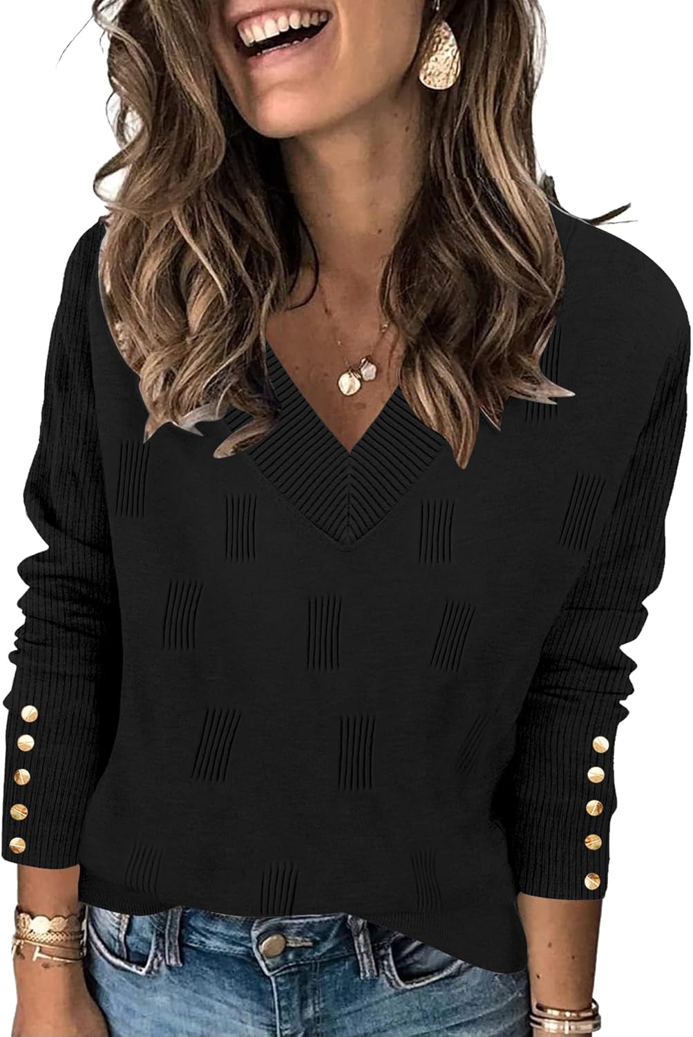 AKEWEI Womens V Neck Sweaters Long Sleeve Lightweight Knit Pullover Tops with Decorative Buttons