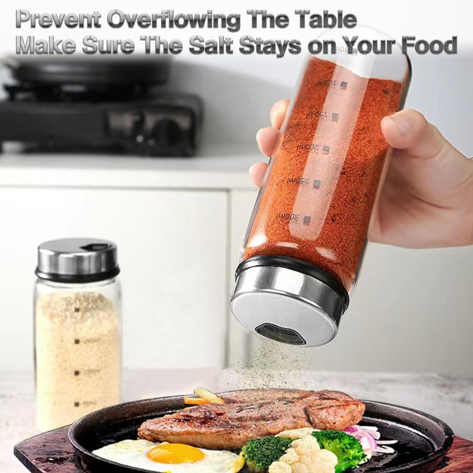 Juego de 2 saleros y pimenteros de cristal, saleros y pimenteros grandes con agujeros de vertido ajustables, tarros de especias recargables con tapa de acero inoxidable, accesorios de cocina