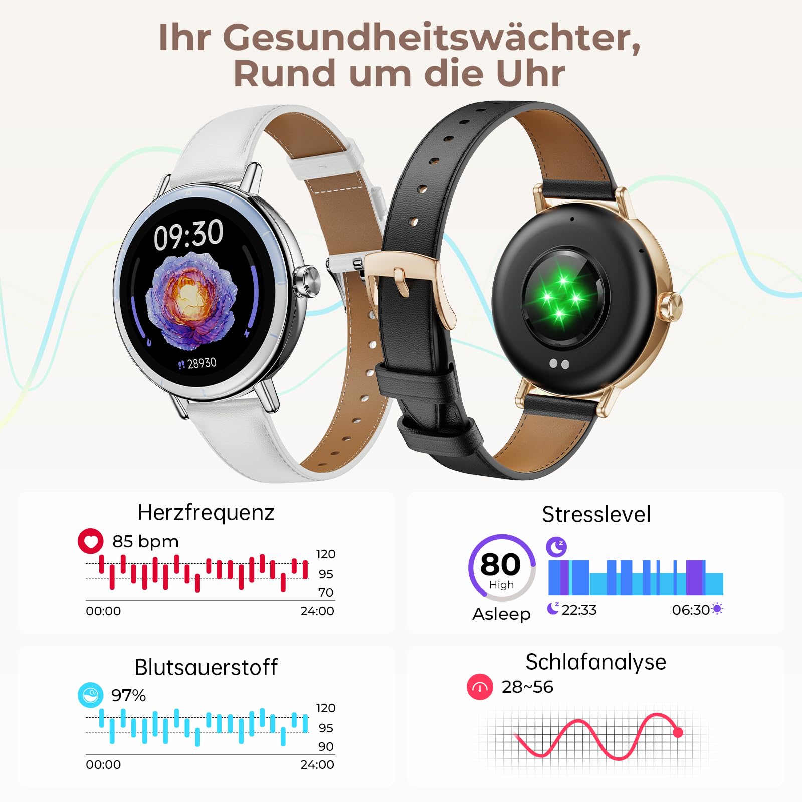 Smartwatch Damen, 1,27 HD Screen Rund Klein Armbanduhr mit Telefonfunktion/Menstruationszyklus/SpO2/Pulsuhr/Schlafmonitor/Schrittzähler/IP68/100+ Sport Fitnessuhr für Android iOS, Gold Schwarz