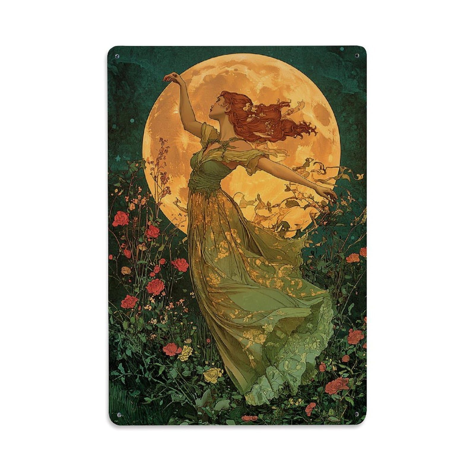 Jdyaojiesheng Vintage Moonlit Garden Fantasy Dress Tin Sign Retro Metal Wall Decor Metal Poster, Home Bar Garage Farmhouse Cafe Wall Art Decoration 8X12inches