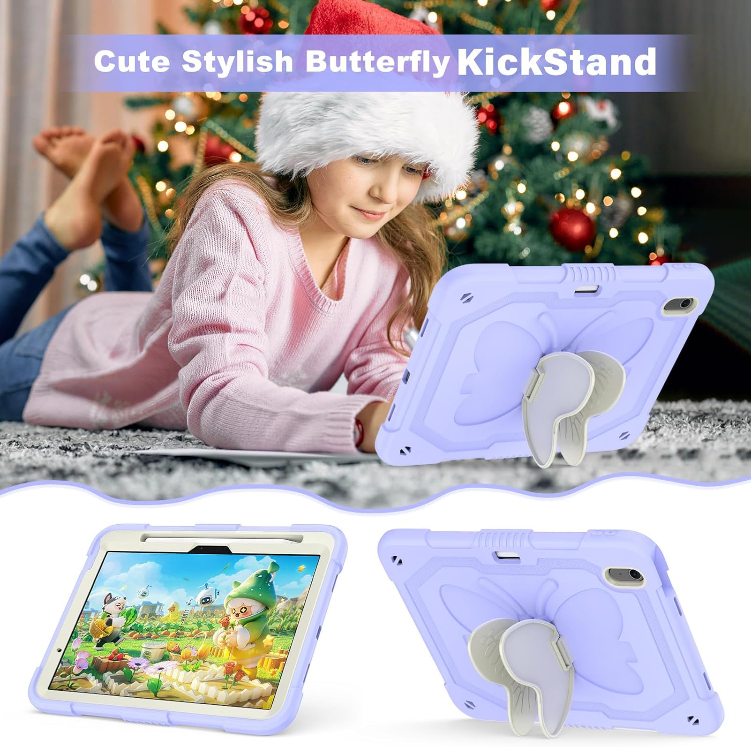 Case for iPad Air 11 inch M2 2024, Cute Butterfly Wings Shockproof Cartoon Silicone Kickstand Protection Cover with Strap for Apple iPad Air 6th Gen for Kids Boy Girl Women Gift (Purple)