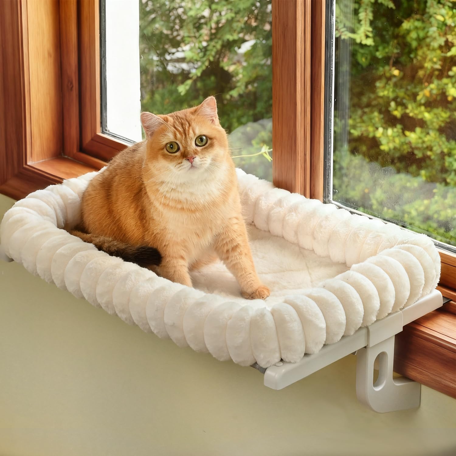 Zoratoo Cloud-Cuddle Cat Window Perch with 4-Sided Bolster, Zipper Design Cushion Window Seat for Window Sill, Sturdy Metal Frame &amp; Easy Assembly Pet Hammock Bed for Indoor Cats (White, Large)