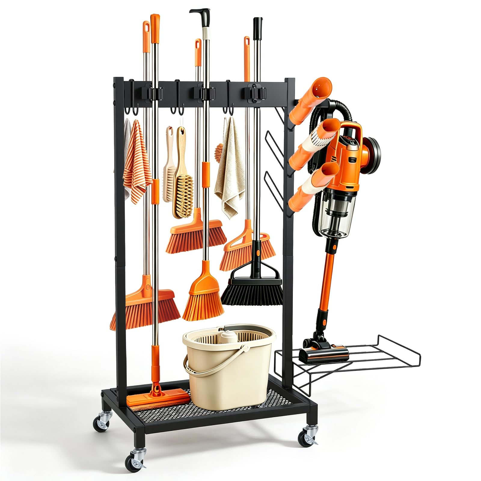 Reinigungswagen Besenhalterung, Rechteckig Besenhalter, Gartengeräte Organisator, mit Spezialhalterung für Staubsauger, mit 4 Rollen, 3 Haken und 6 Schlitze, für Waschküche, Reinigungszubehör, Küche
