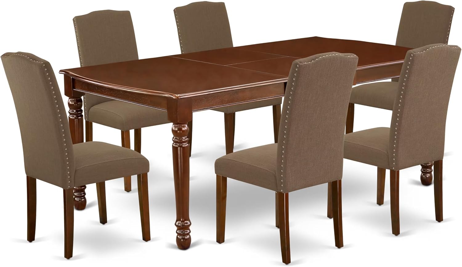 East West Furniture DOEN7-MAH-18 7 Piece Dining Table Set Consist of a Rectangle Wooden Table with Butterfly Leaf and 6 Dark Coffee Linen Fabric Upholstered Chairs, 42x78 Inch, Mahogany