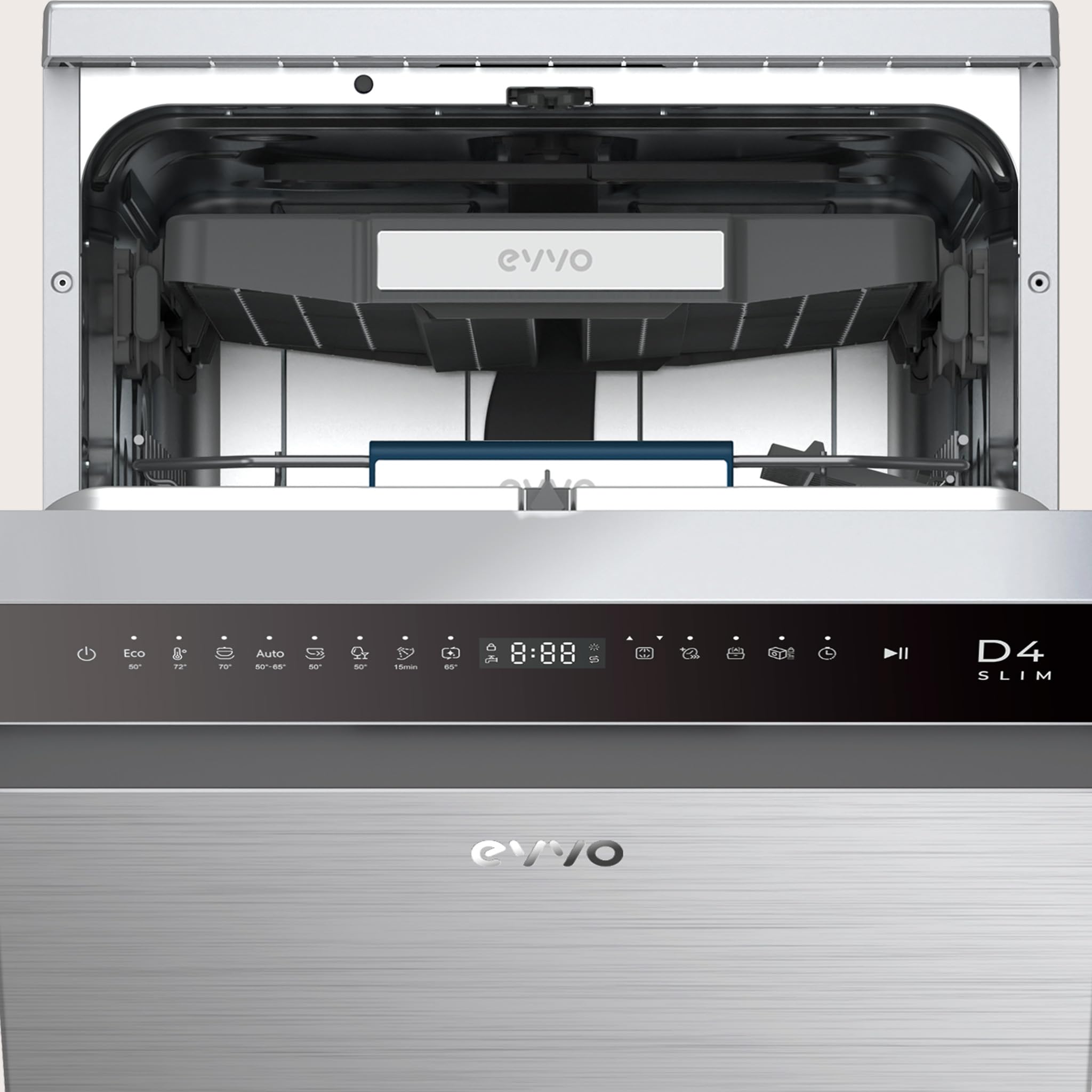 EVVO Lavavajillas D4 Slim 45 cm - Lavaplatos Libre Instalación, 11 Cubiertos, Eficiencia Clase C, 8 Programas con Modo Auto, Apertura Automática, Función Higiene y Media Carga. (Inox)