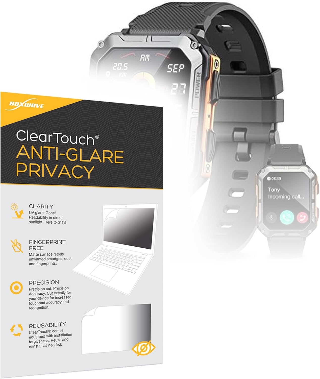 BoxWave Screen Protector Compatible with Meoonley Military Rugged Smartwatch (1.83 in) - ClearTouch Anti-Glare Privacy (2-Pack), Privacy Screen Protector Flexible Film Anti-Glare