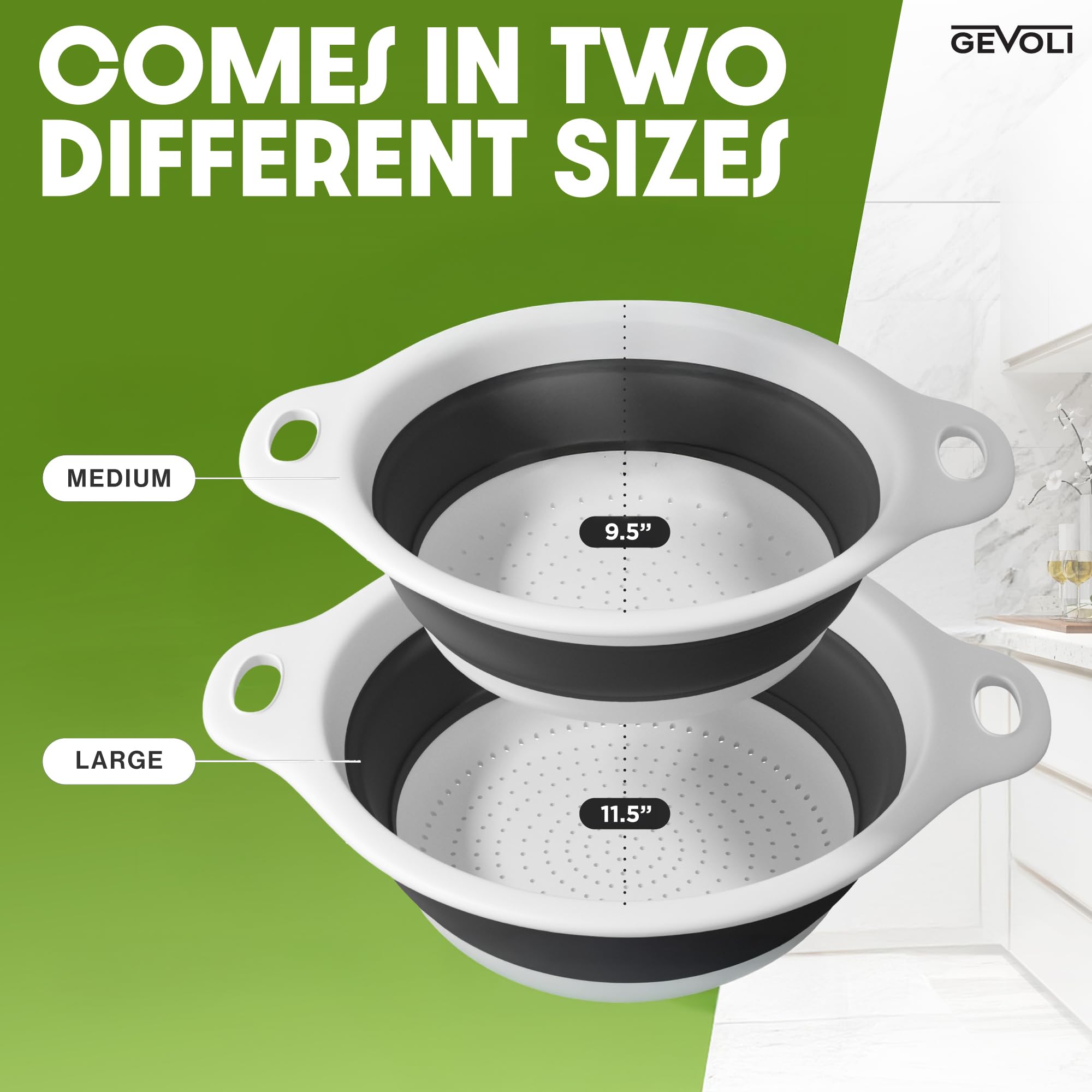 Set di 2 colini pieghevoli con base di drenaggio dell'acqua per pasta, frutta e verdura (4 e 5 quarti), colore: bianco e grigio