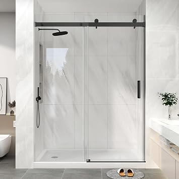 KPUY Frameless Sliding Glass Shower Door 55-60 W x 76 H, Matte Black
