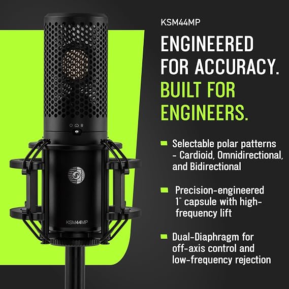 Shure KSM44MP Large Diaphragm Multi-Pattern Microphone - 1 Capsule, Selectable Patterns, Flat Response, Low Self-Noise, Includes Shock Mount & Pop Filter