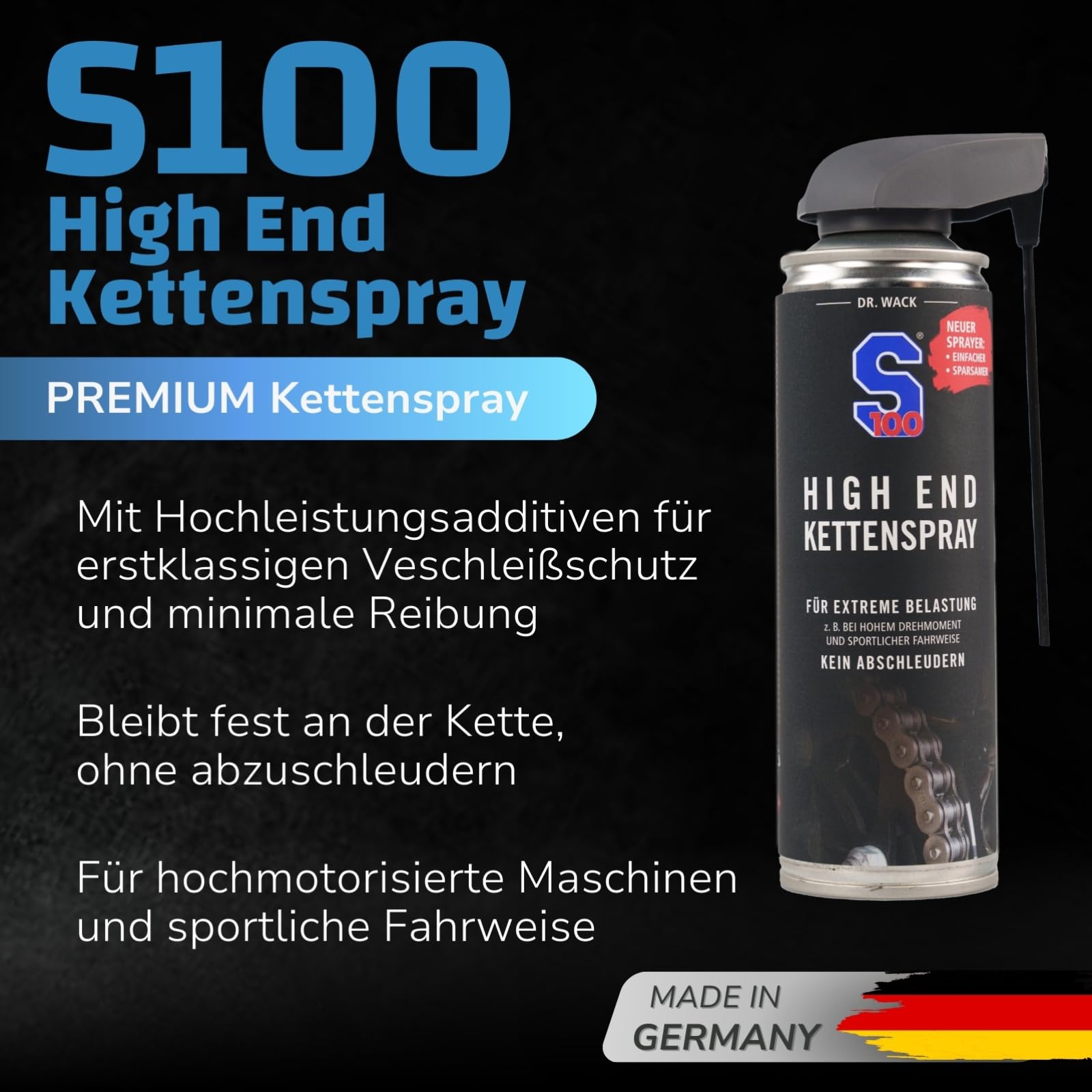 Dr. Wack - S100 High End spray per catena da 300 ml I Premium olio per catene per moto per carichi estremi, spray per catena per tutte le moto, cura di alta qualità, made in Germany