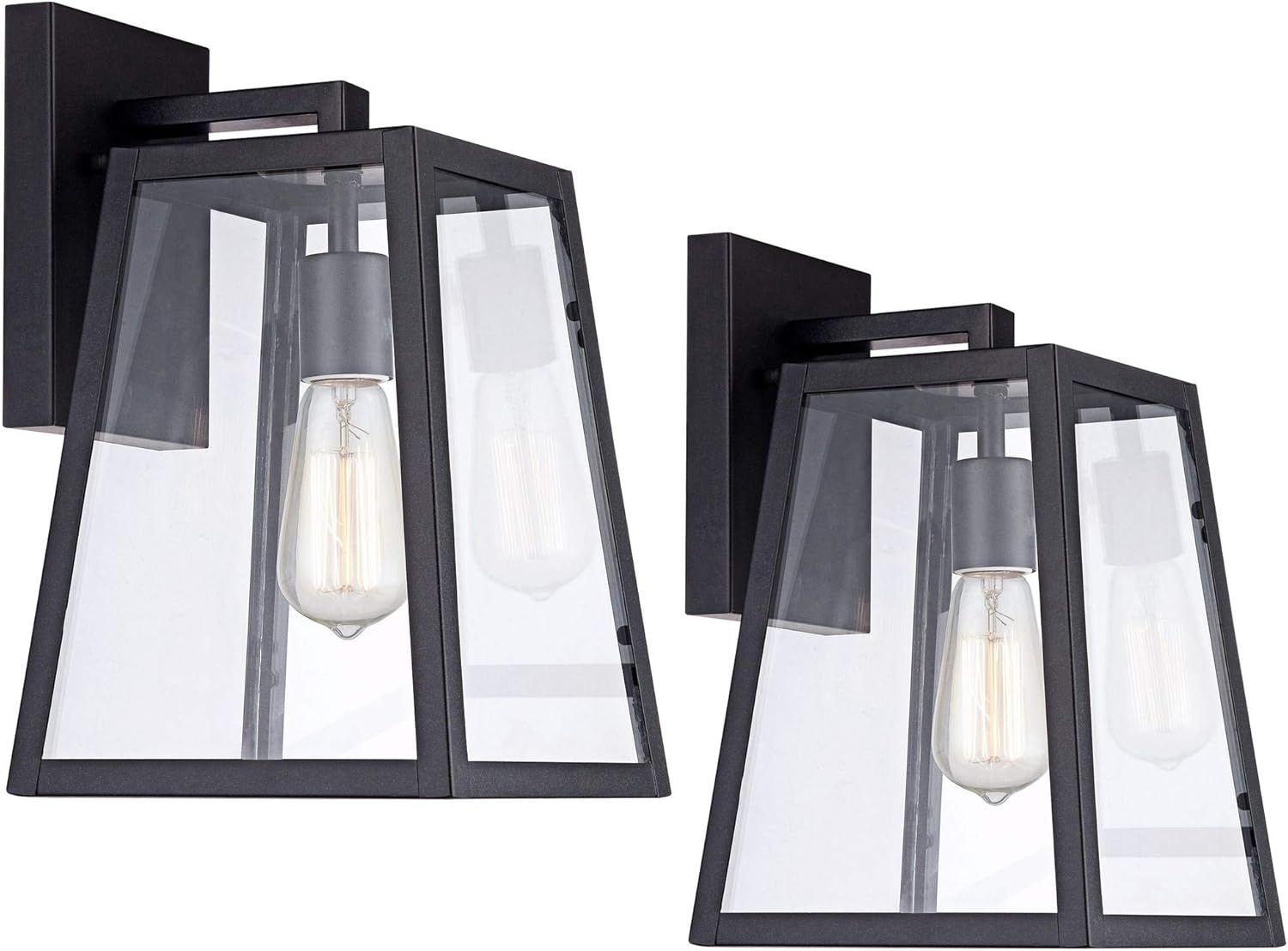 Two John Timberland Arrington outdoor wall lights with clear glass shades and black metal frames.