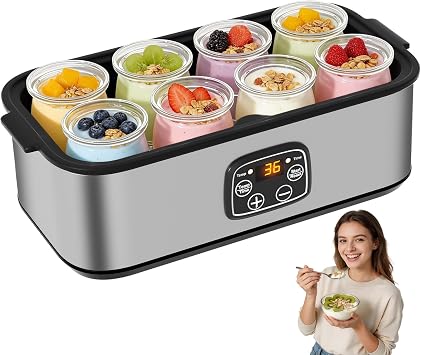 Yogurt Maker with Adjustable Time and Temp Control, Yogurt Maker Machine with Automatic Shut-Off & Constant Temper for Homemade Probiotic, Greek Yogurt, BPA-Free Black Grey, 48 oz/8 Jars
