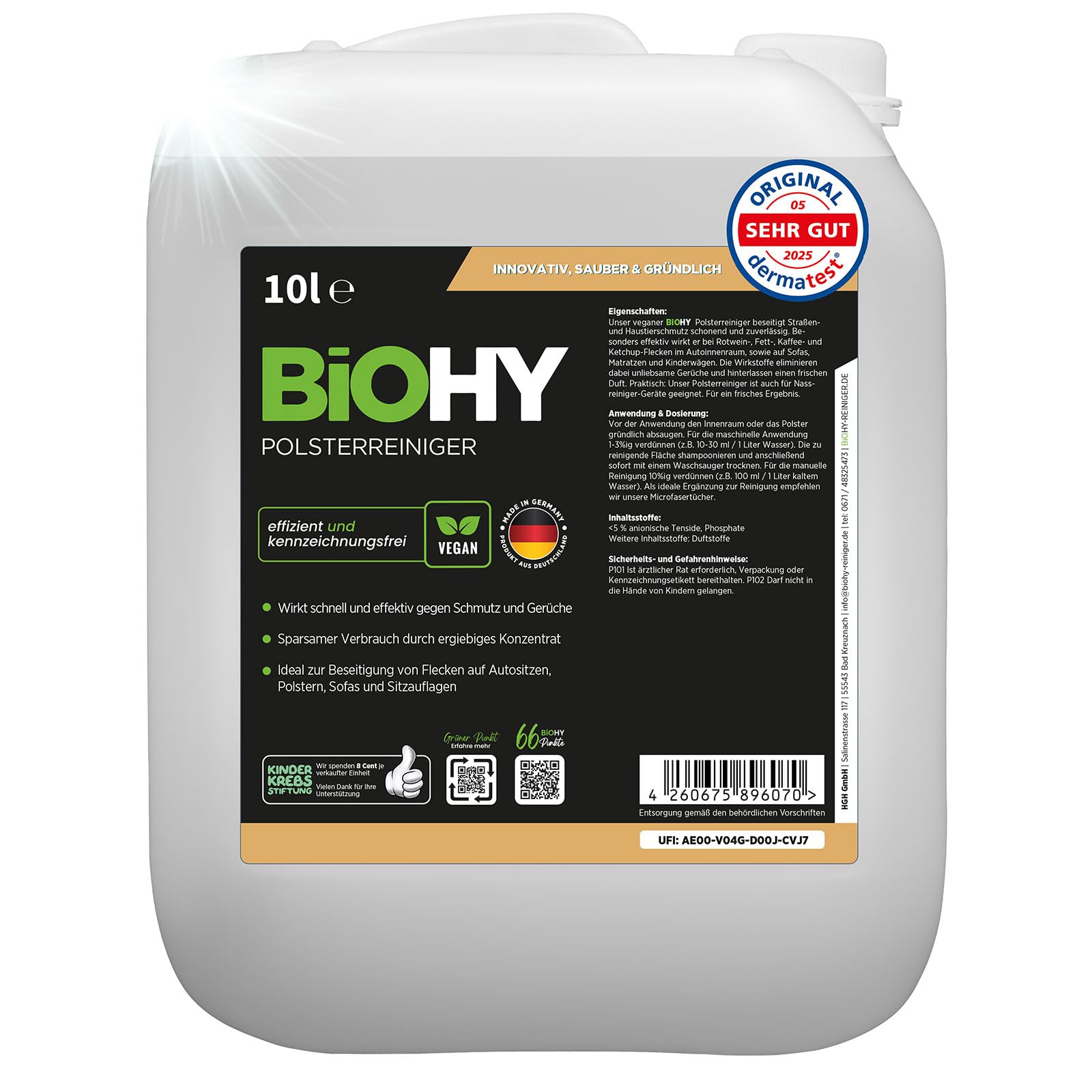 BiOHY Limpiador tapicerías (Bidón de 10 litros) | Ideal para asientos de coche, sofás, colchones, etc. | También es adecuado para las lavadoras (Polsterreiniger)