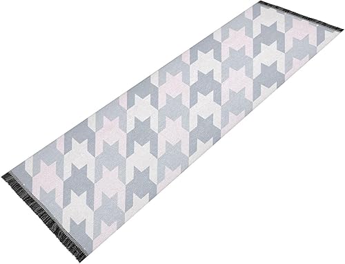 CHIFIGNO Alfombra de pasillo de pata de gallo de color retro, color rosa, azul, blanco, con flecos, 72 x 23.5 pulgadas, para pasillo y sala de estar