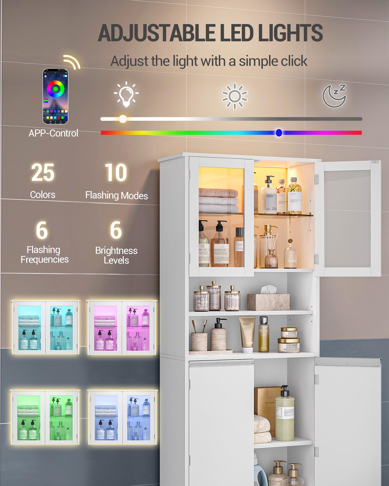 Hzuaneri Mobile Bagno con Luci LED, Mobiletto Bagno Salvaspazio, 4 Ante e 2 Vani Aperti, Ripiani Regolabili, Moderno, per Soggiorno e Ambiente, 28 x 60 x 170 cm, Bianco SC40003XEU
