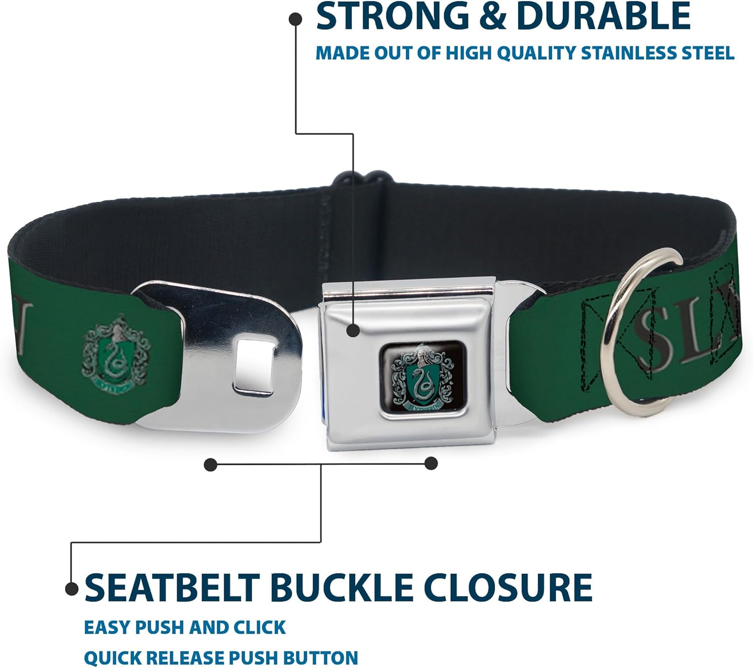 Dog Collar Seatbelt Buckle Harry Potter Slytherin Crest Green Black 20 to 31 Inches 1.5 Inch Wide