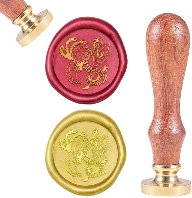 CRASPIRE Wax Seal Stamp Dragon and Phoenix, Sealing Wax Stamp Animal Retro Wood Stamp Wax Seal 25mm Removable Brass Head Wood Handle for Party Wedding Invitation Envelope Greeting Card