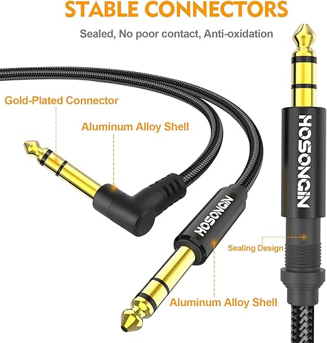 Miniatura 5 de HOSONGIN Cable TRS para instrumentos de 14 de pulgada, paquete de 2 unidades de 10 pies, cable de audio estéreo macho de ángulo recto a recto de
