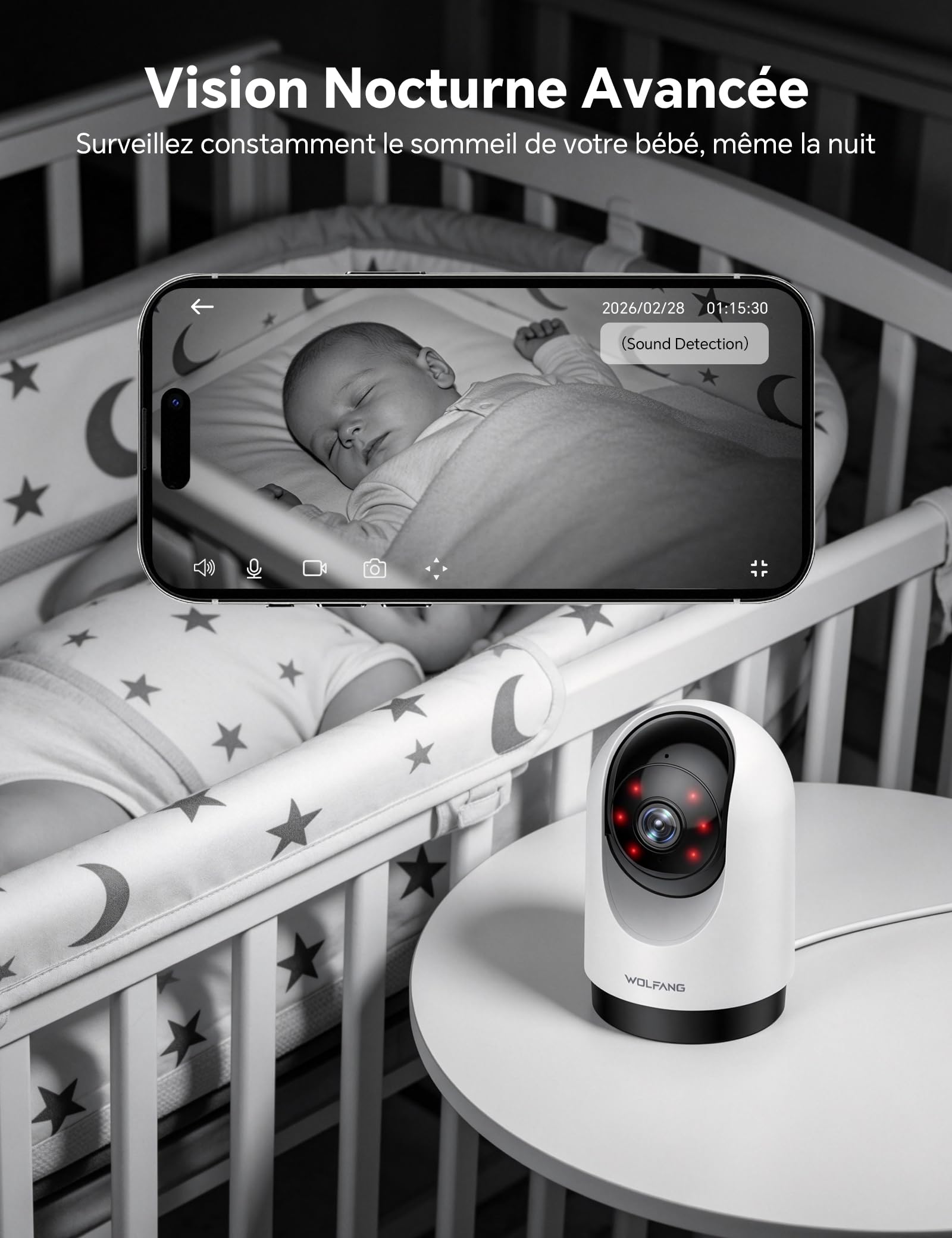 WOLFANG Camera Interieur 2K WiFi, Caméra Intérieure 360° PTZ avec Suivi Automatique, Vision Nocturne & Audio Bidirectionnel, Babyphone avec Caméra, Compatible Alexa & Google Home, Lot de 2