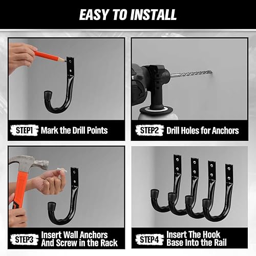 Miniatura 5 de Ganchos de almacenamiento para garaje de servicio pesado, juego de 6 ganchos para bicicletas para pared de garaje, ganchos utilitarios para garaje