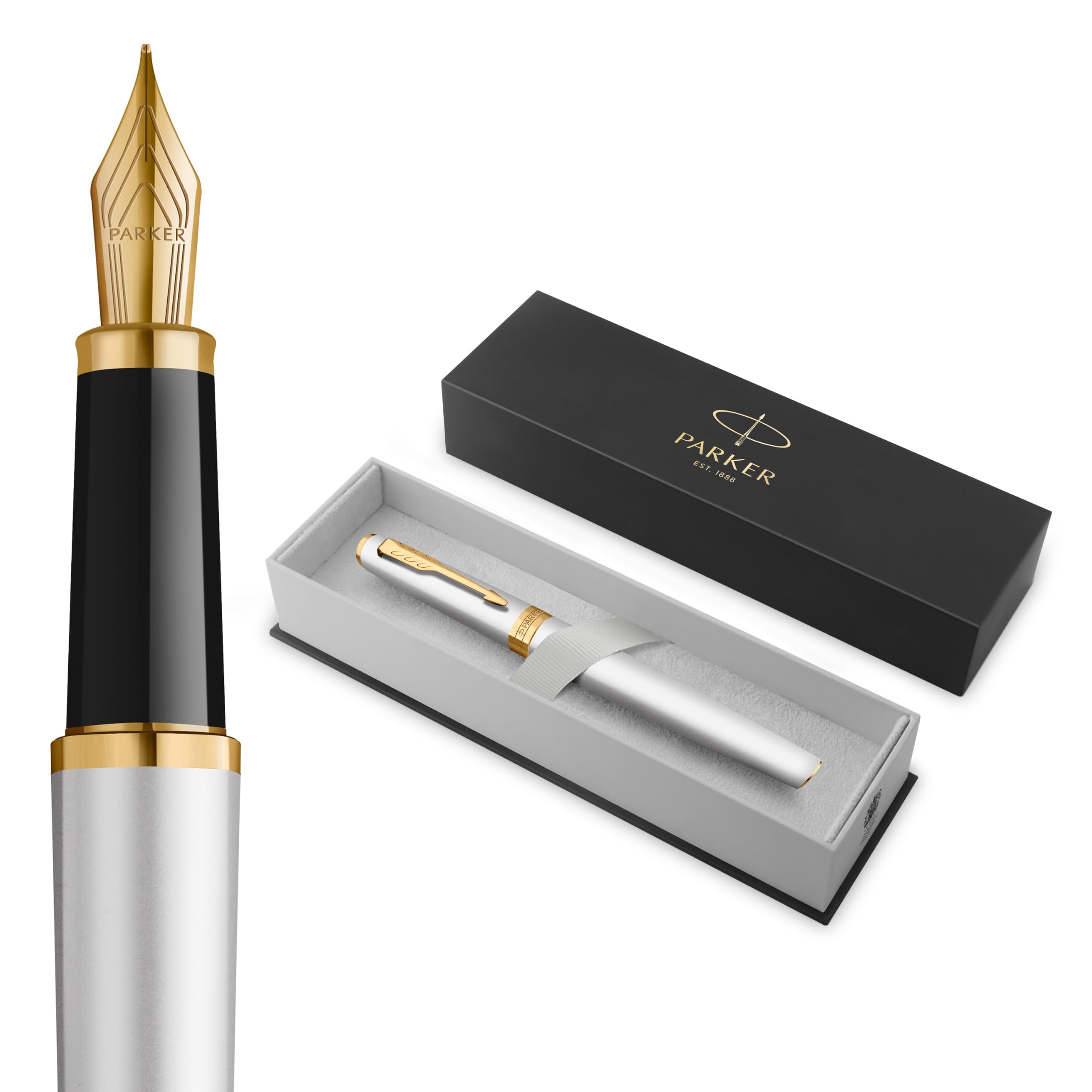 PARKER Meridian Fountain Pen | Chrome Lacquer with Gold Trims | Medium Nib | Handwriting Pens & Stationery Supplies | Blue Ink | Luxury Gift Box