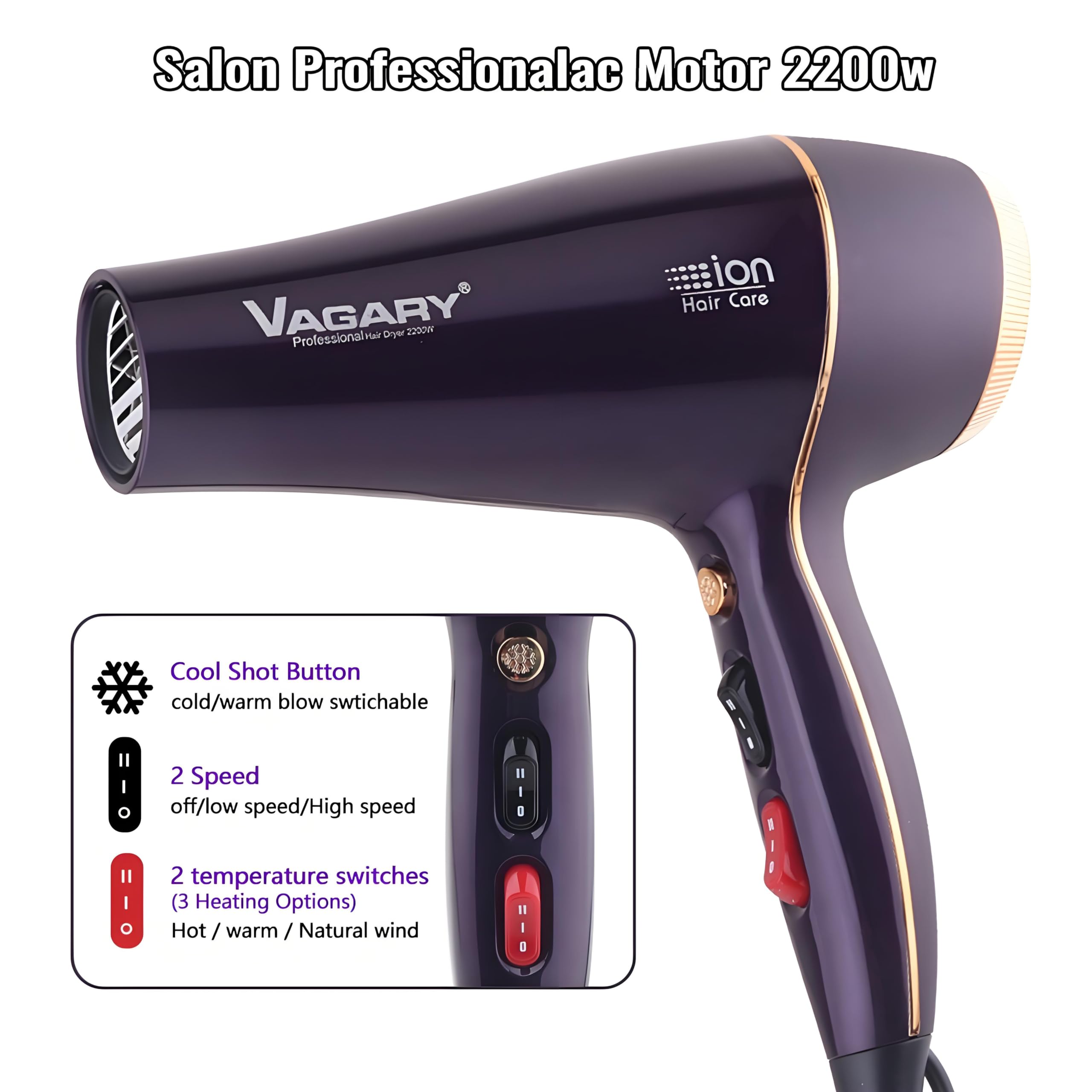 Secador de pelo 6690A Salon Pro para mujer, potente motor de CA de 2200 W, secado rápido, secador iónico para cabello grueso, 2 velocidades y 2 ajustes de calor, 1 botón de tiro frío (1 difusor 3