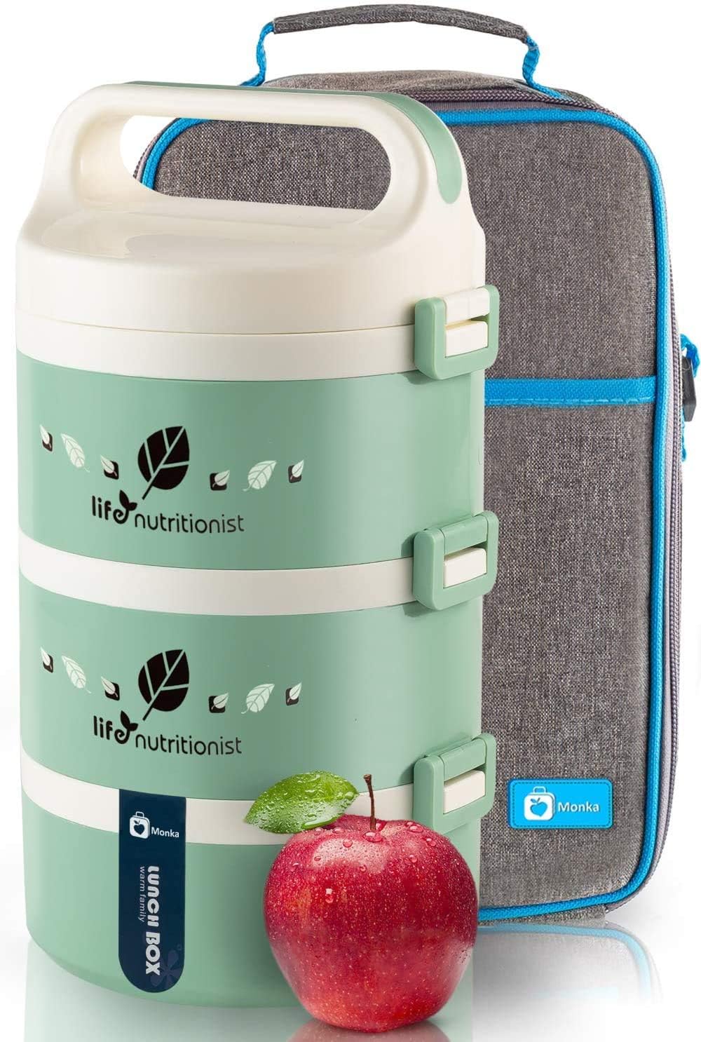 Monka Bento Lunch Box Stackable Stainless Steel Thermal (3-Tier) Lunch Containers with Insulated Lunch Bag Leakproof Food Storage For Kids, Adults,Man and Women (Green)