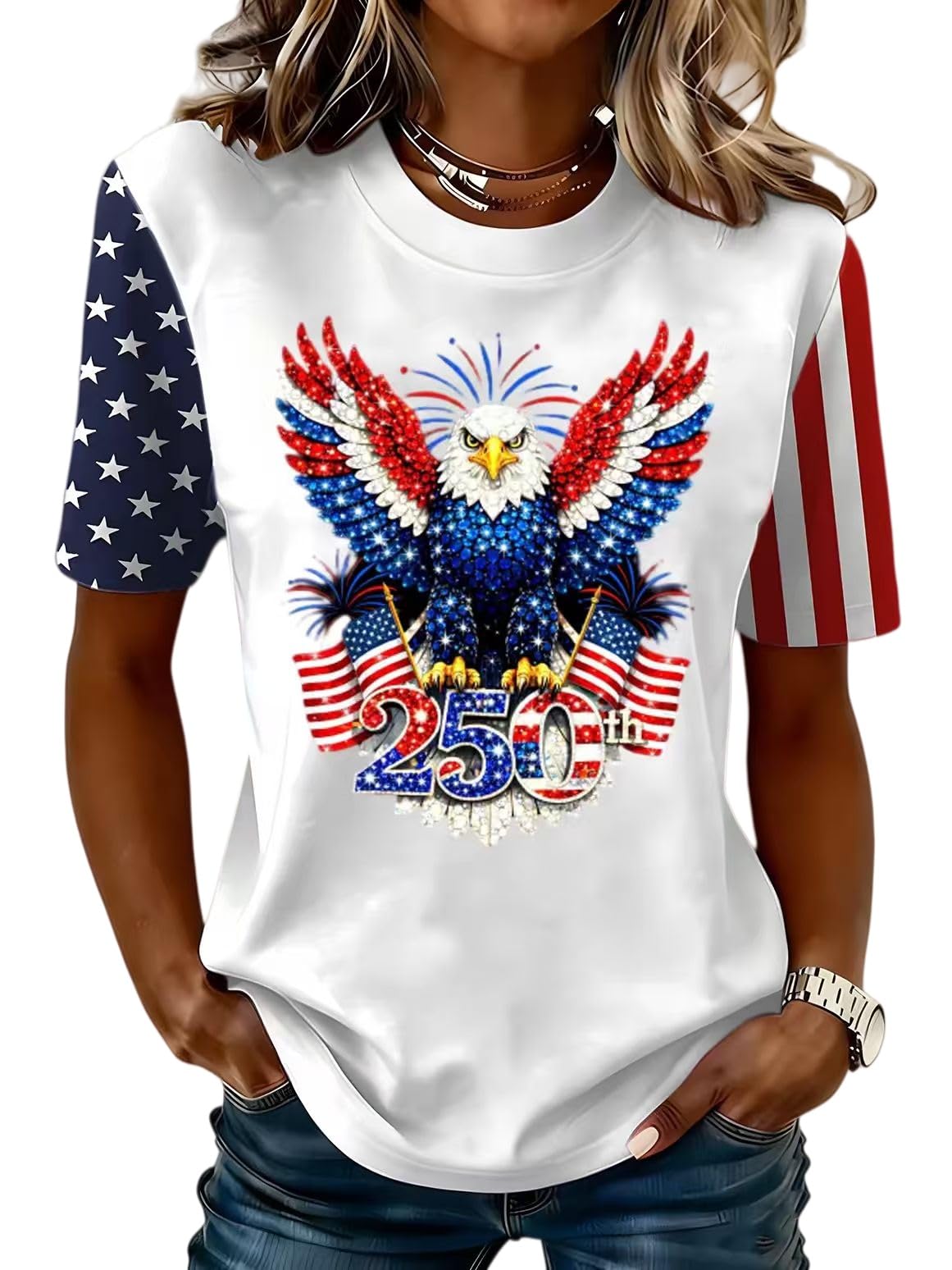 Photo 1 of Beopjesk Women's 250th Anniversary Patriotic T-Shirt Summer Independence Day America Flag Raglans Graphic Tees Tops(K-White,L)