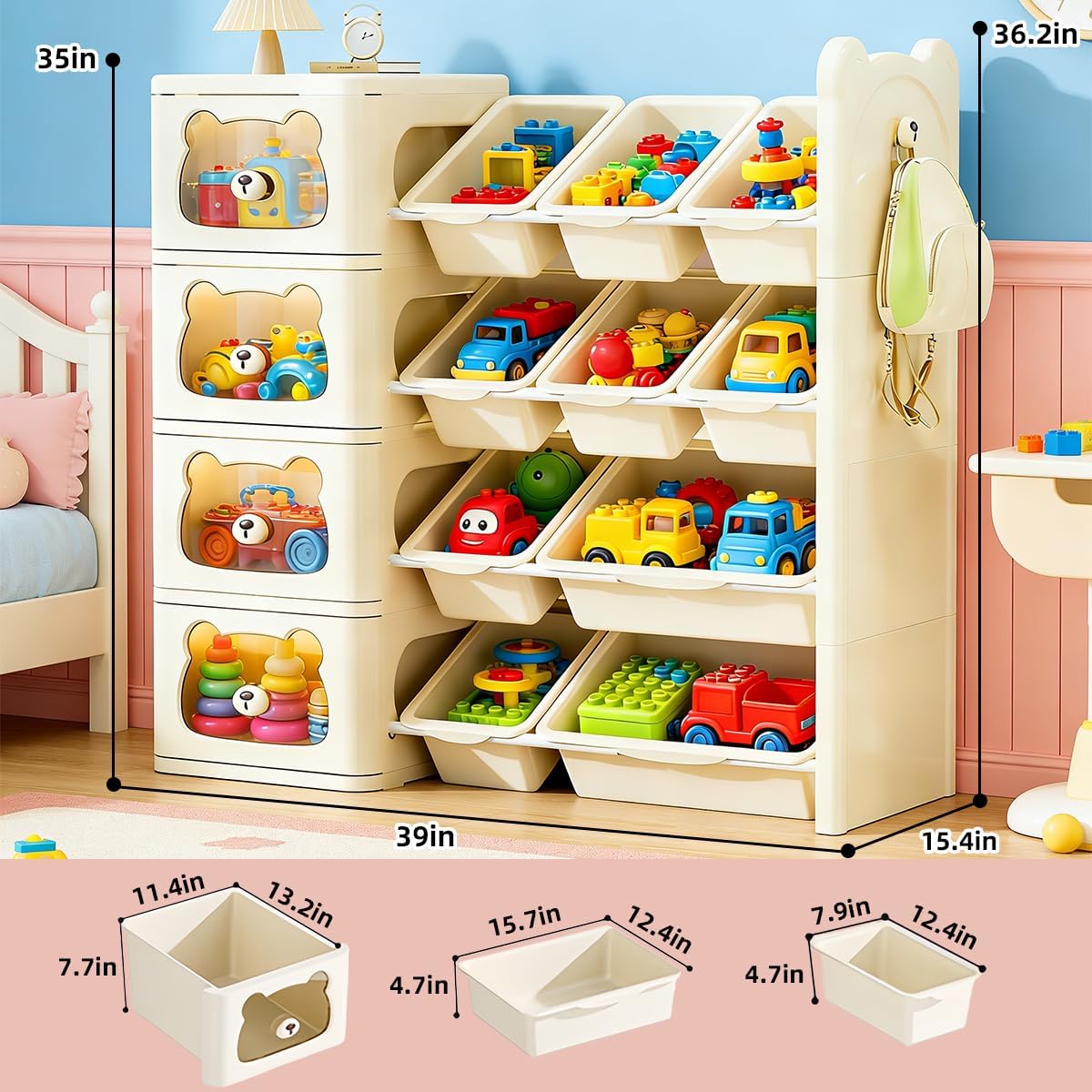 Toy Storage Organizer and Bookshelf, Large 4 Tier Book Shelf W/10 Toy Bins and 4 Drawers, Cute Bear Toy Organizers Box Bookcase for Nursery, Playroom, Bedroom, Kindergarten