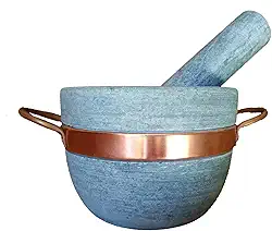 Pilão Cumbuca De Pedra Sabão Resistente Com Alça De Cobre