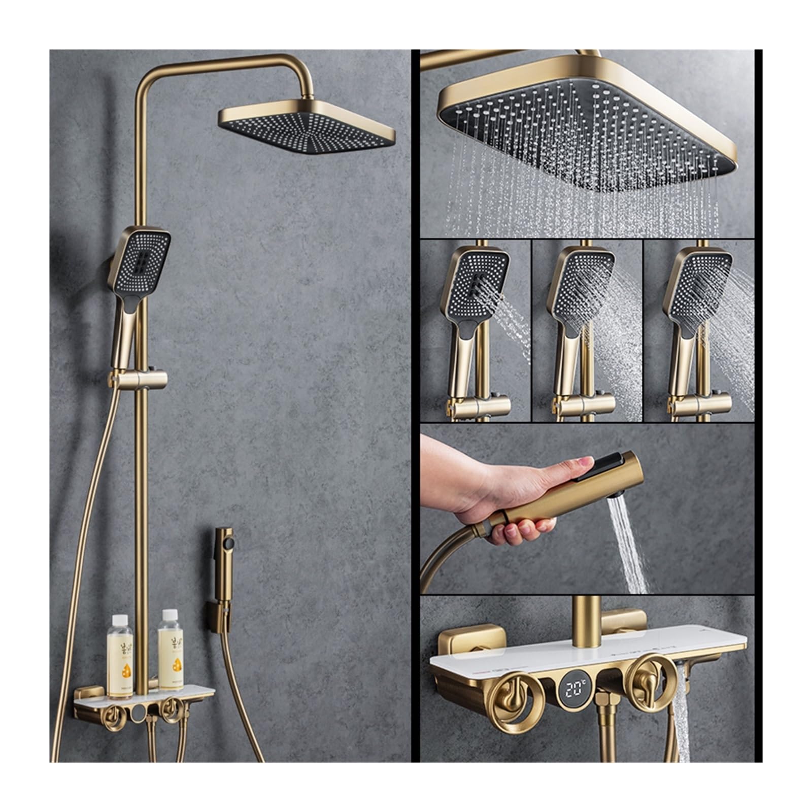 Soywim Matte Gold Shower System, Thermostatic Shower Faucets Sets,Digital Display Rainfall Systems With Spray Thermostat Tap With Shelf(Matte Gold)