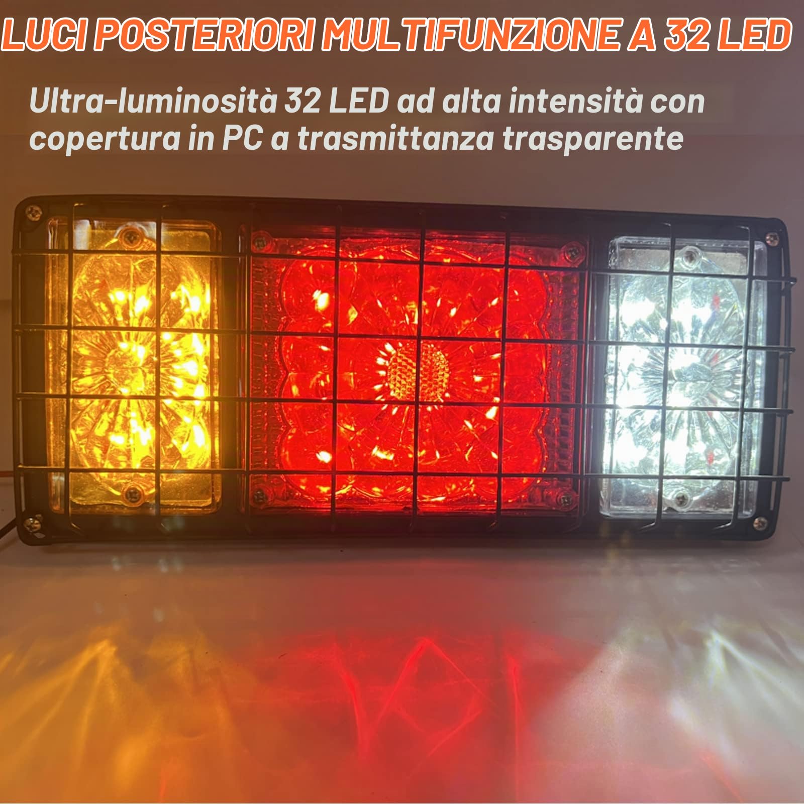 2PCS Fanali Posteriori Rimorchio,24V Luci del Rimorchio 32LED Luci Posteriori Trattore,Luce del Freno/Indicatore di Direzione/Luce di Retromarcia per Camion Caravan(con Rete in Ferro)