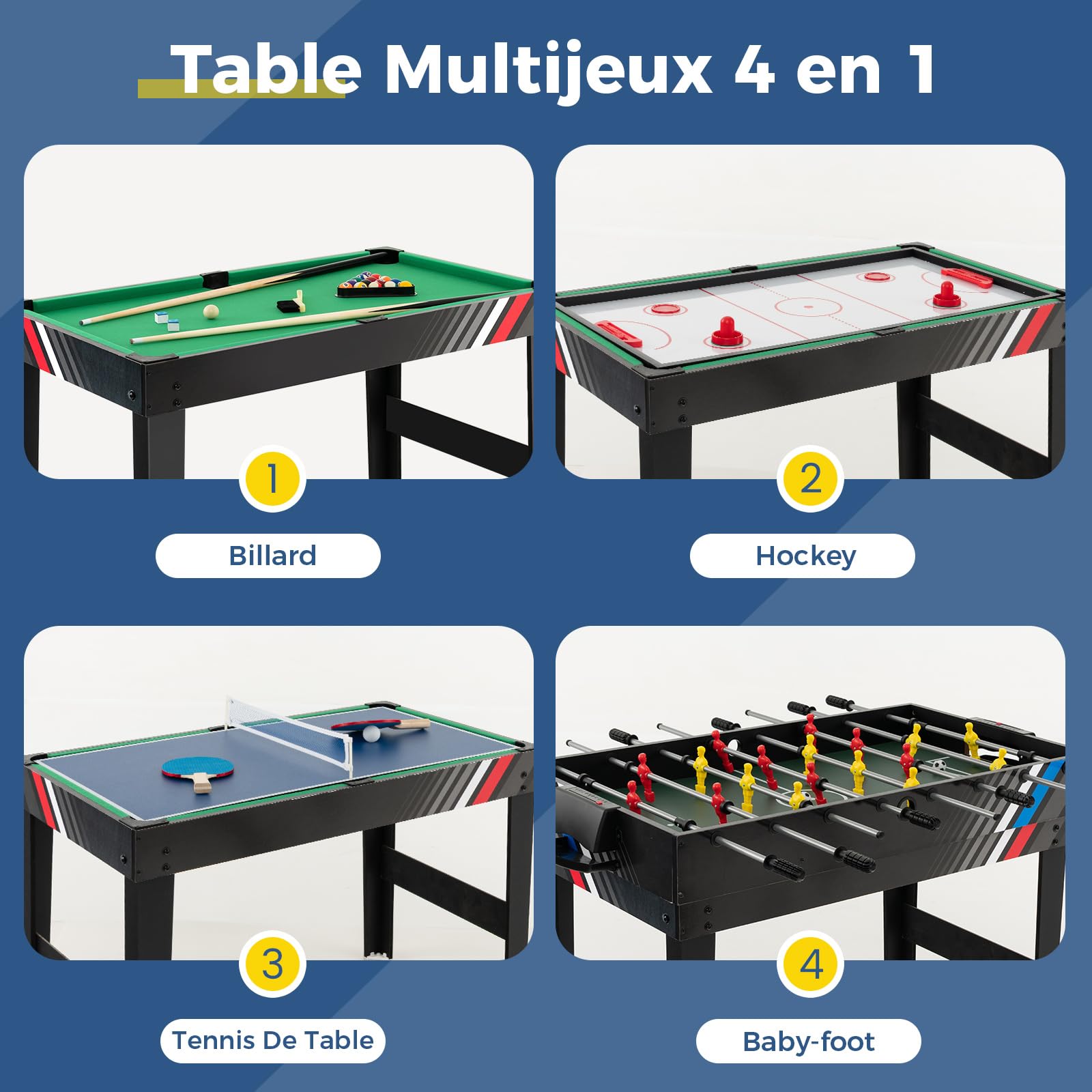 COSTWAY 4 en 1 Table de Baby-Foot avec Billard & Hockey & Tennis, Table Multijeux Empilable avec Marqueur Manuel, Jouet d'arcade pour Fête Bar Salle de Jeux, Accessoires Inclus, 125x97x83cm