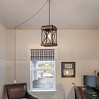 Vista 3 de Rustic Farmhouse Plug in Pendant Light Fixture with Adjustable Chain, Oak Wood and Metal Lantern Cage Mini Hanging Lamp for Kitchen Island Living