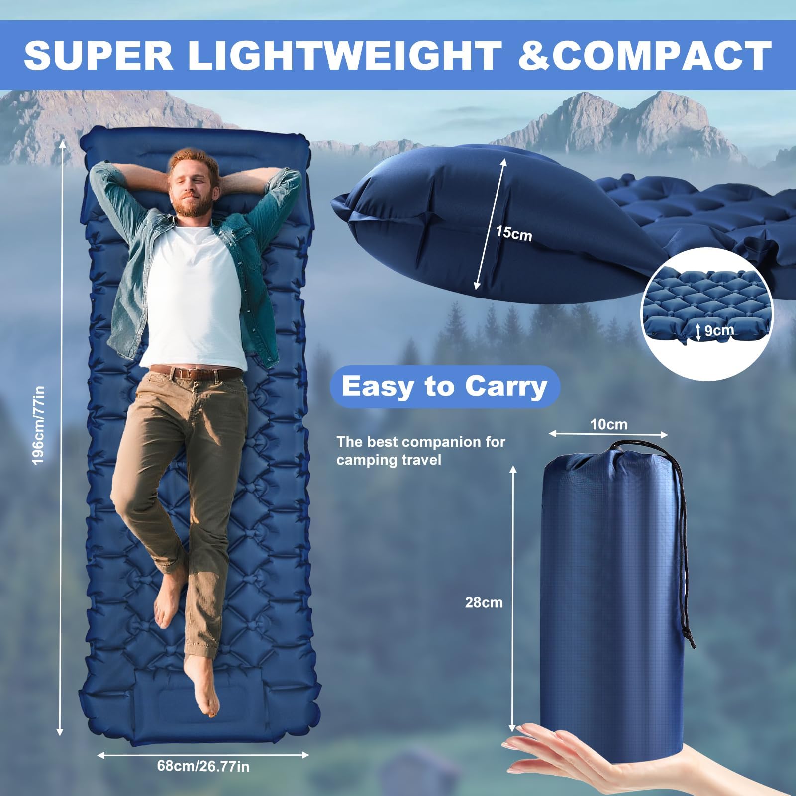 Materassino Autogonfiabile Da Campeggio Ultraleggero 193x68x9cm Con Pompa A Pressione E Cuscino - Impermeabile, Portatile, Riparabile, Per Trekking E Picnic - 5