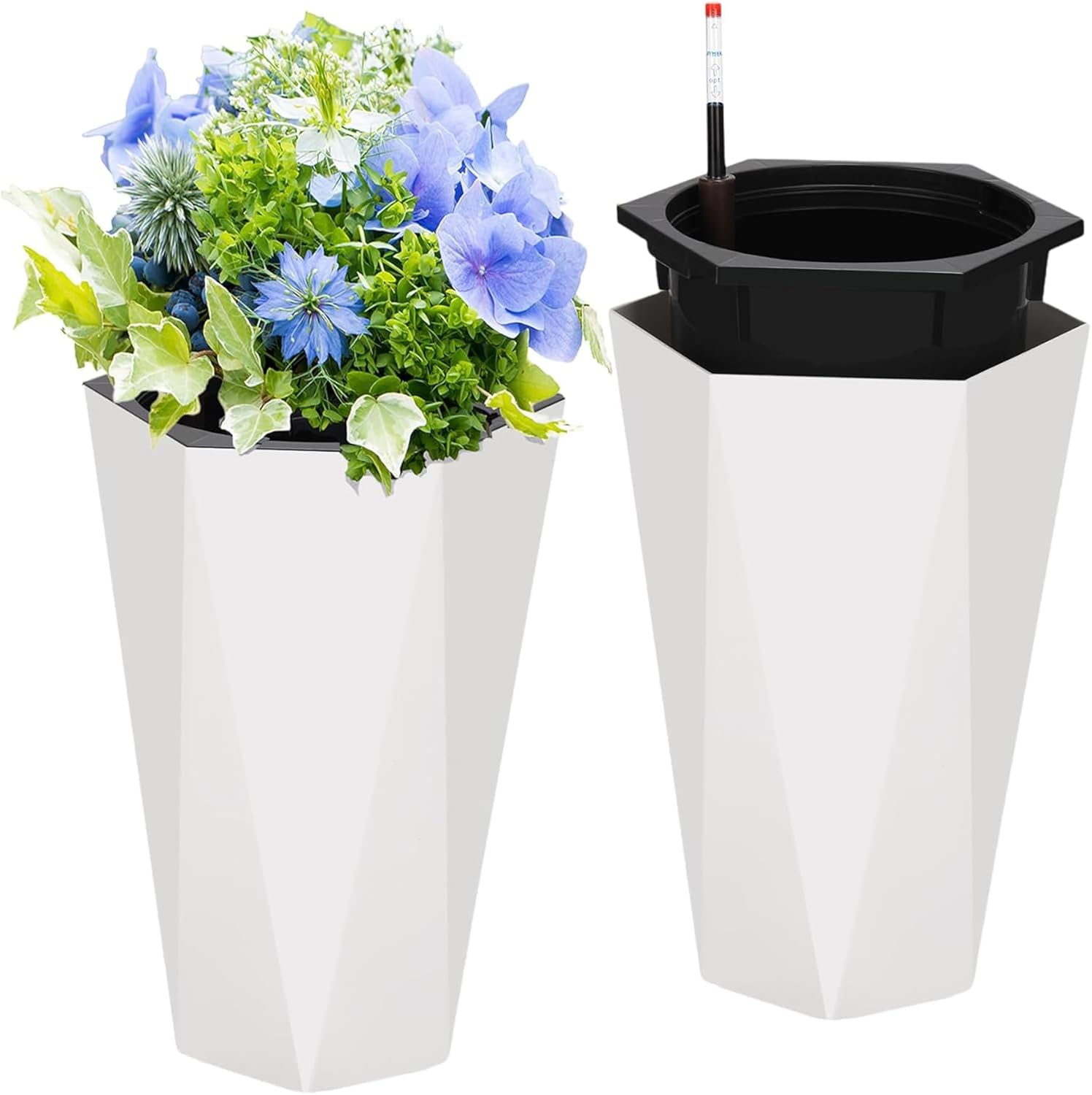Set of 2 Tall Planters for Outdoor Plants, 22.5" Large Planter Pots with Drainage Holes & Water Level Monitor, Self-Watering Flower Pots for Patio, Porch, Garden, Front Door Decor, Indoor Outdoor