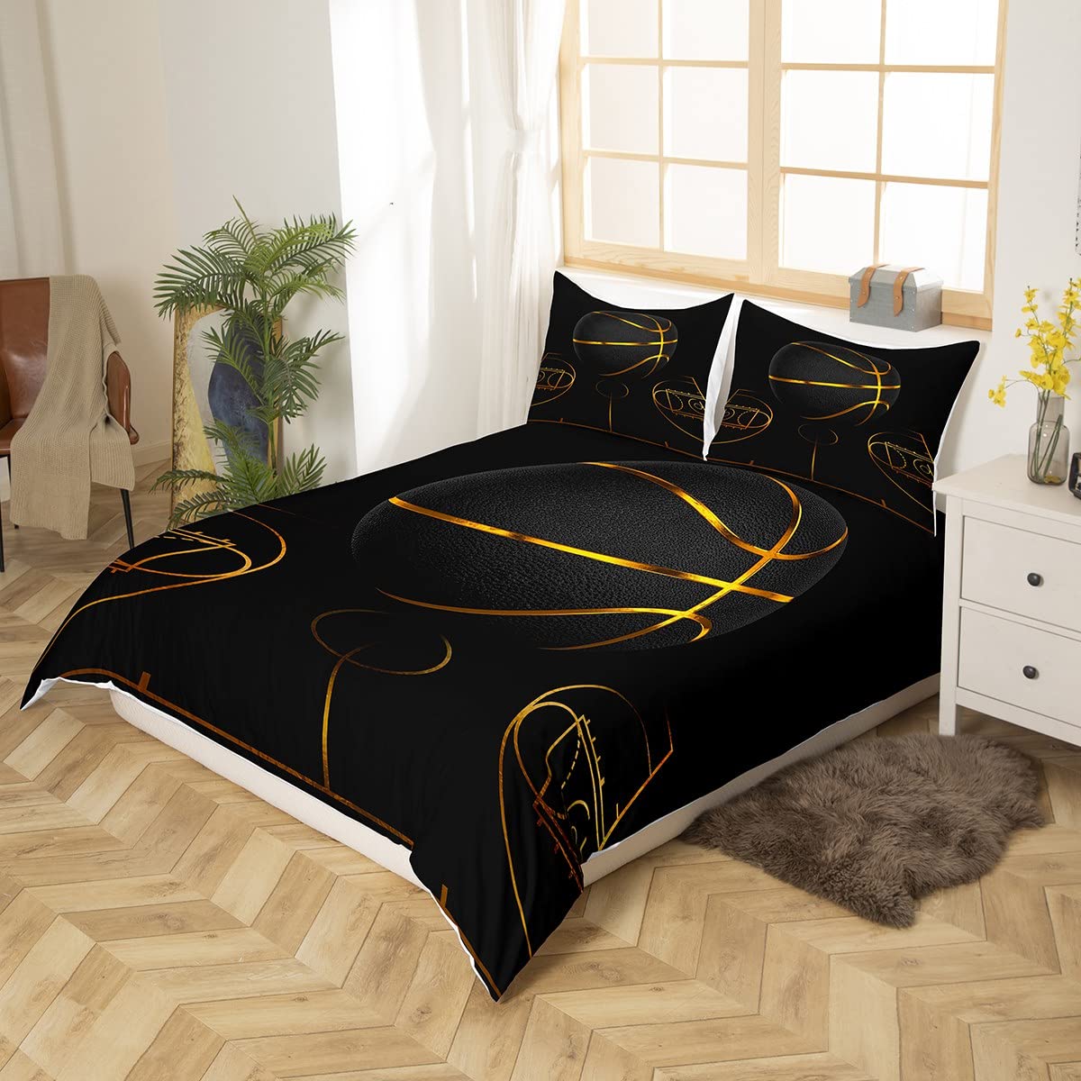 Kids Basketball Bedding Set Sport Basketball Arena Duvet Cover for Boys Girls Bedroom Golden Black Ball Games Decor Comforter Cover Set Luxury Modern Bedspread Cover Double With 2 Pillow Case - Image 2