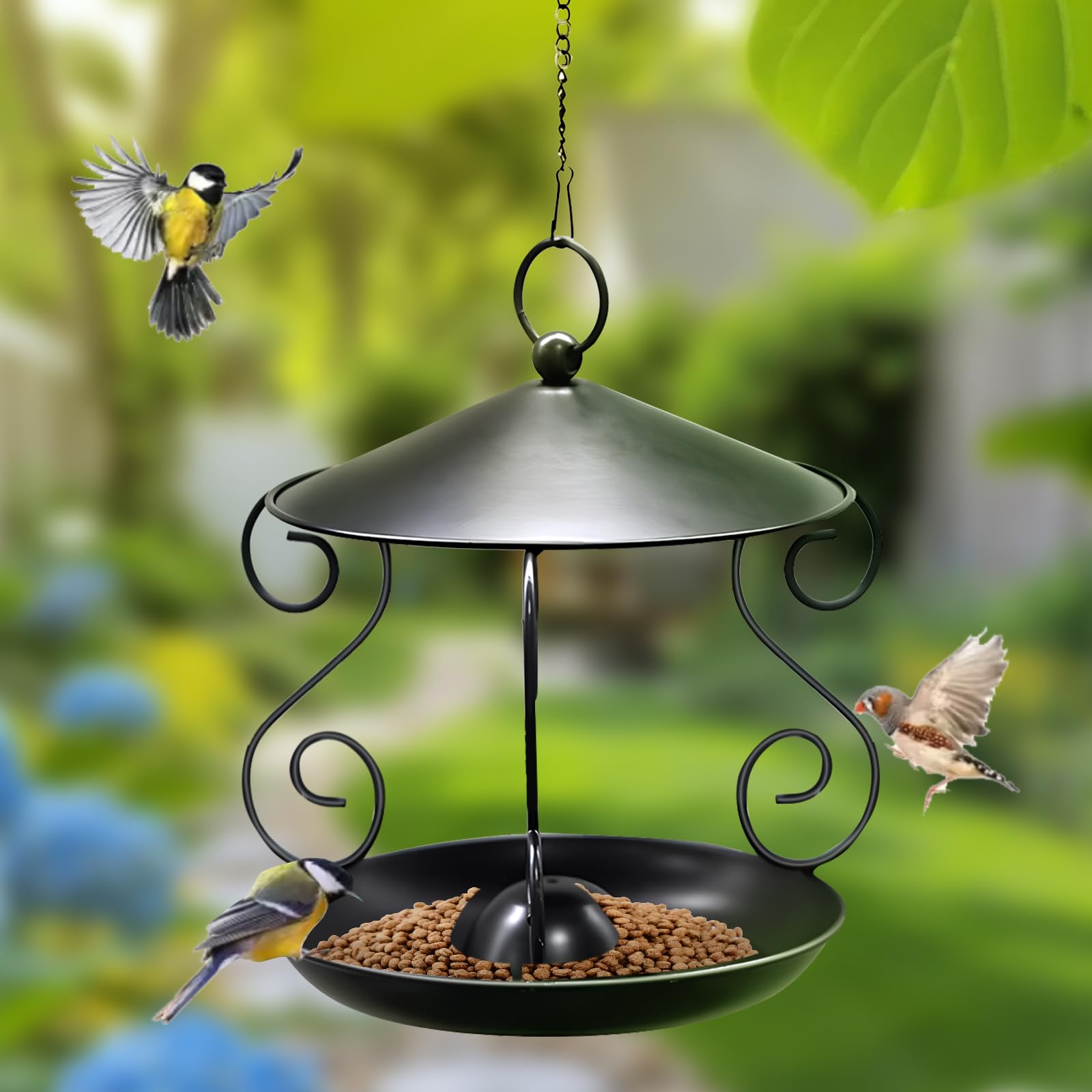 Bird Feeder Hanging, Bird Feeders for Outdoors, Metal Wild Birdfeeder Hanging Bird Seed Feeders for Garden Backyard Outside Decoration,Black