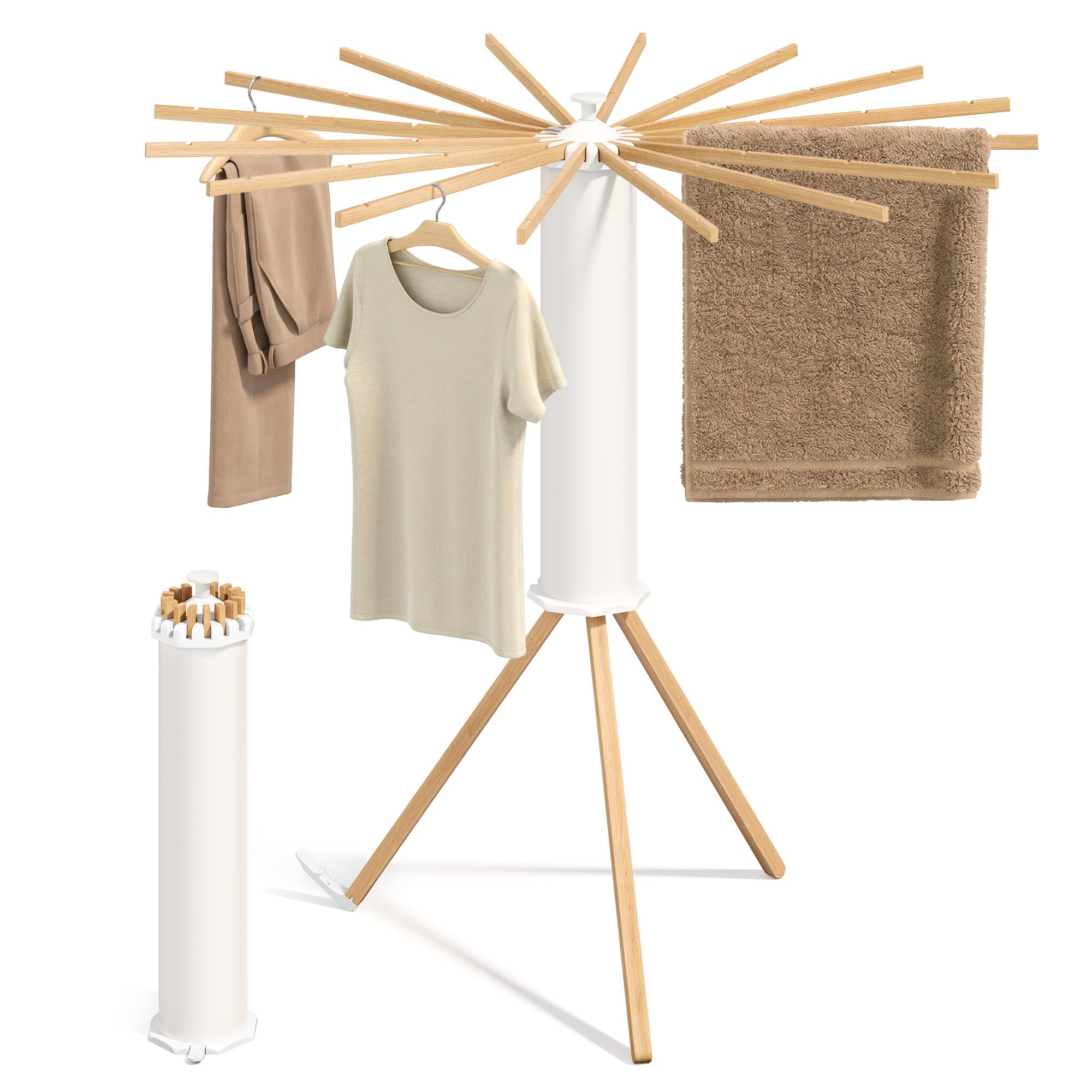 SONGMICS Wäscheständer klappbar, Wäschespinne tragbar, 16 Arme aus Holz, naturfarben LLR530YW01