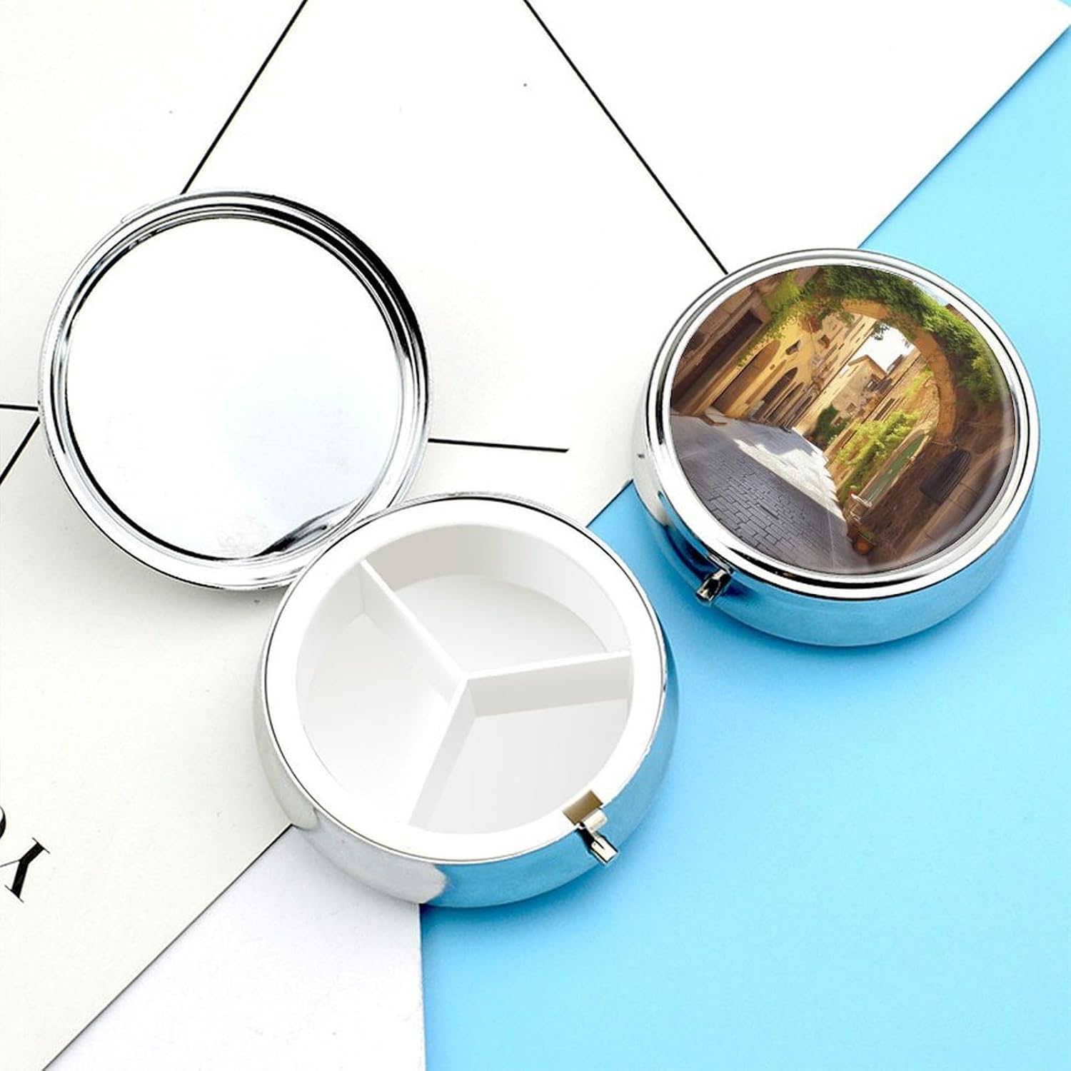 Round Silver Pill Box Small Pill Case for Purse and Pocket 3 Compartment