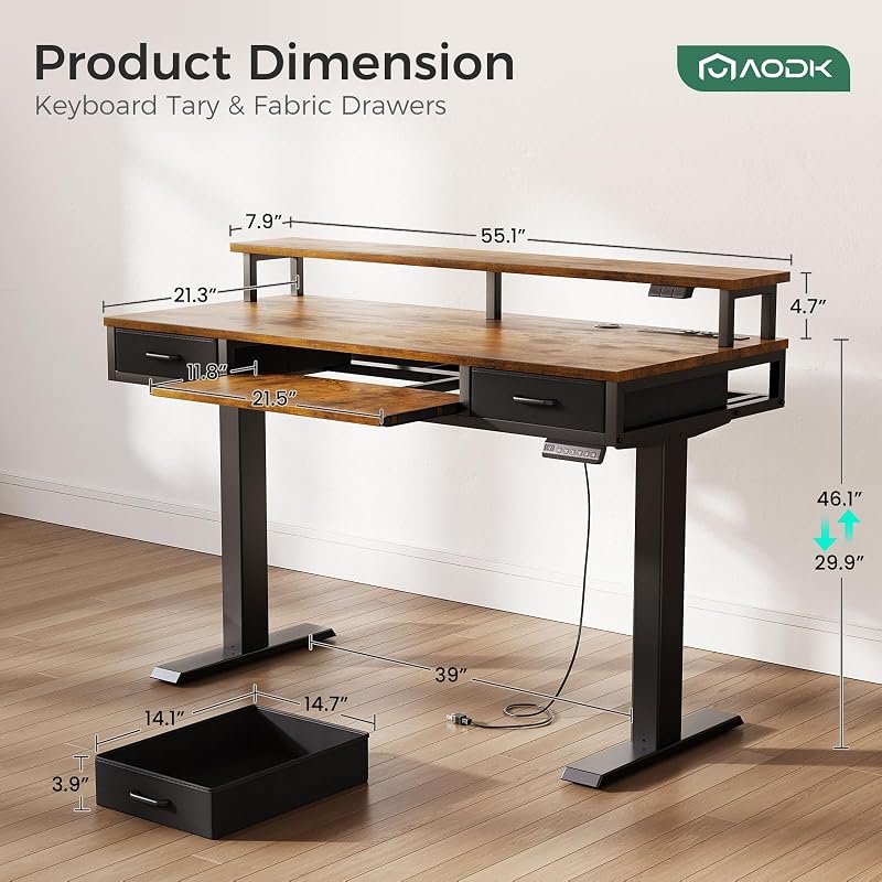 AODK 55 Inch Standing Desk with Drawers & Keyboard Tray, Rustic Brown image 3