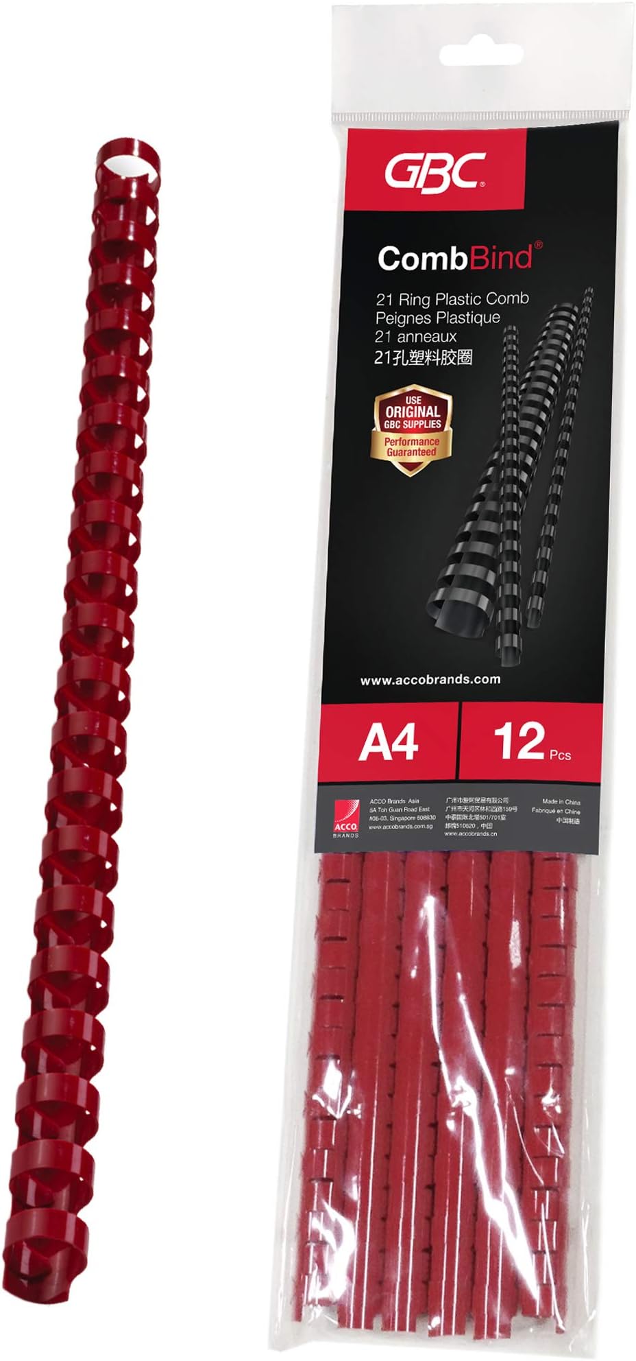GbcPlastic Binding Combs 21R 8.0mm with 45 Sheet Capacity, Red (Pack of 12)