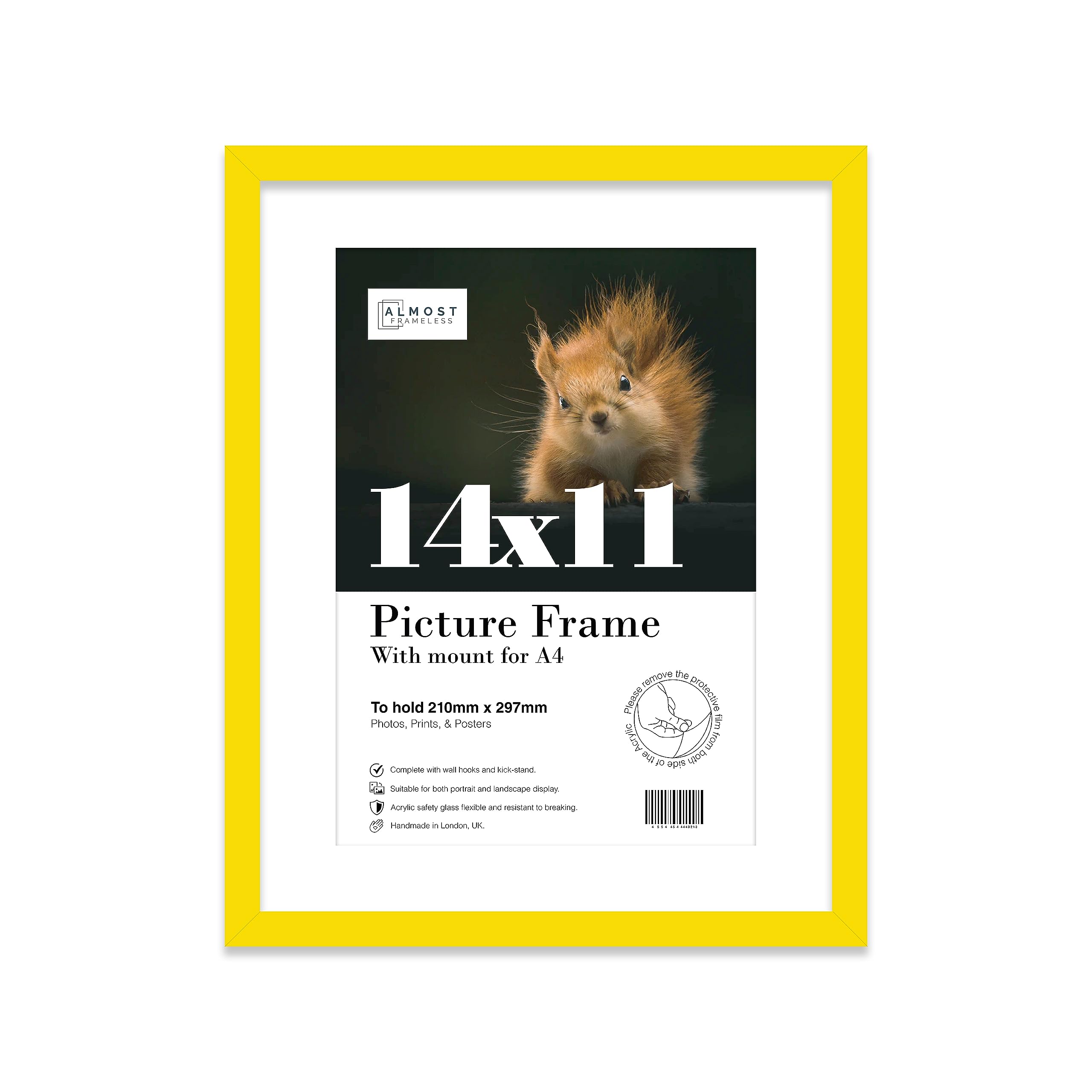 Almost Frameless 14x11 Yellow Picture Frame With Mount for A4 Print, Poster or Photo Poster, Photo, Artwork, or Print. Thin Edge Slim Frame Portrait and Landscape Display with Wall Hooks